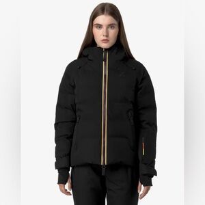 K-WAY Puffer Jacket Coat Down Feathers Women's Black XS Hood Rainbow Stripe NEW